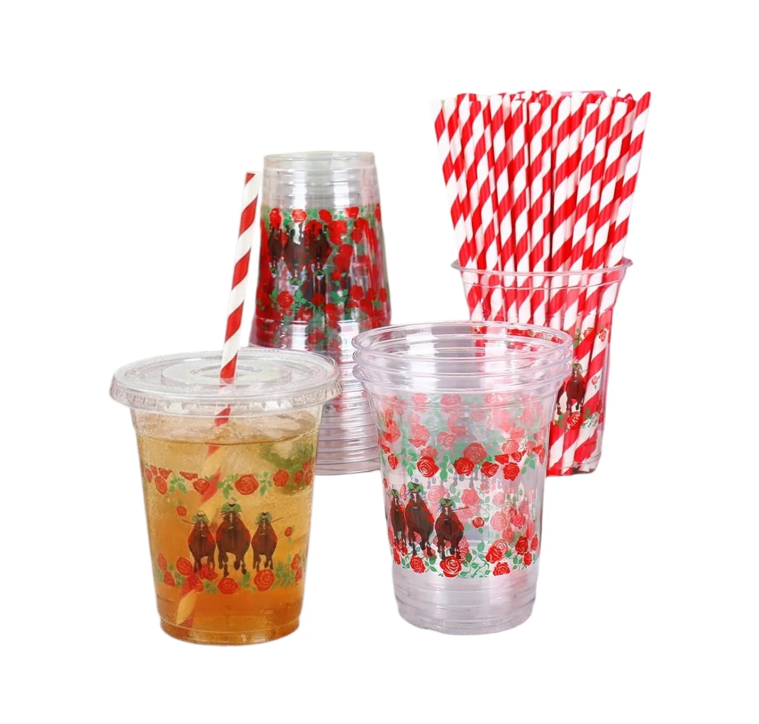 16-Pack 12oz Horse Racing Plastic Cups with Lids & Straws | Derby Day Party Supplies
