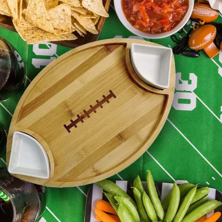 3PC Football Shape Bamboo Serving Tray with 2 Ceramic Dip Bowls - Image 2