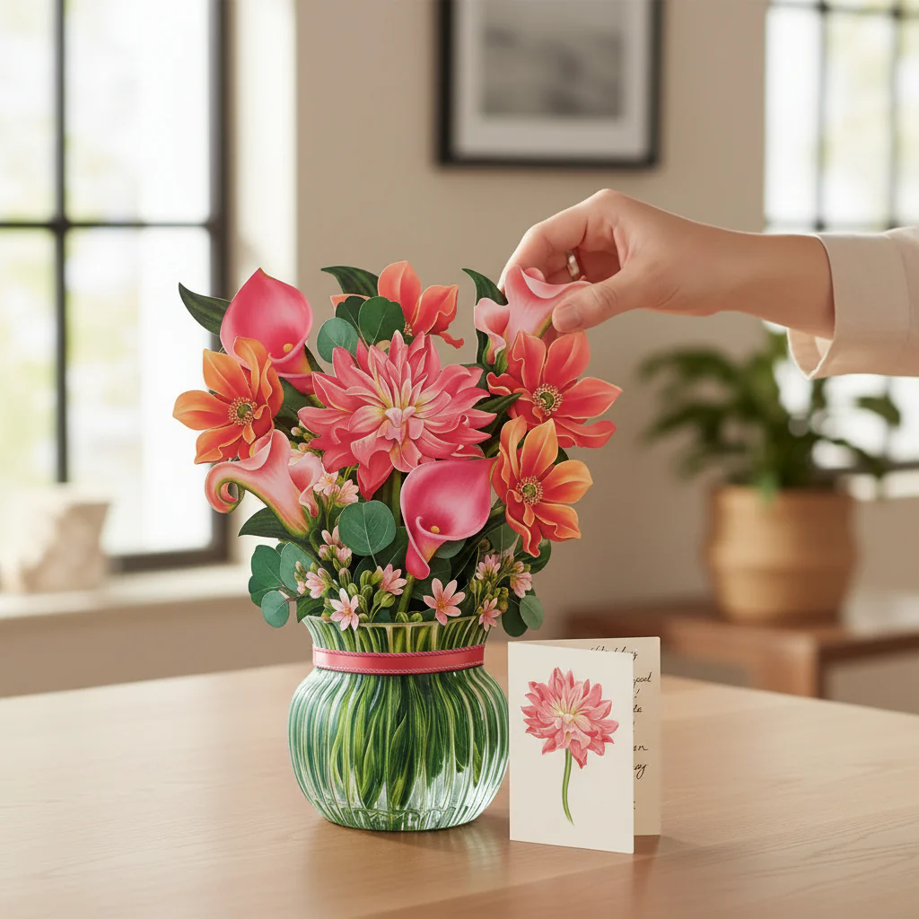 Dear Dahlia Paper Flower Bouquet | Pink Pop-Up Greeting Card (12") - Image 2