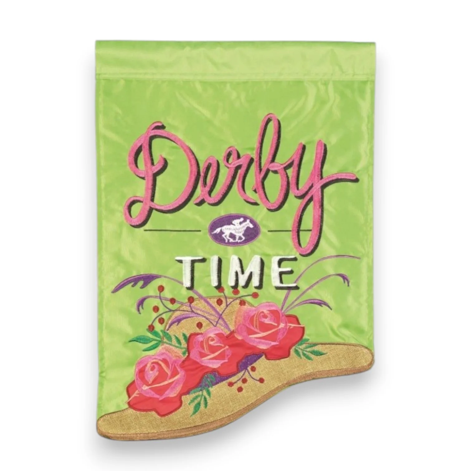Derby Time Shaped Applique Garden Flag | Rose Hat Embroidery 13x18