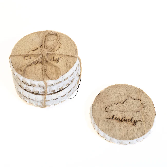 Engraved Kentucky Beaded Wood Coasters – Rustic Drink Coasters Set of 4