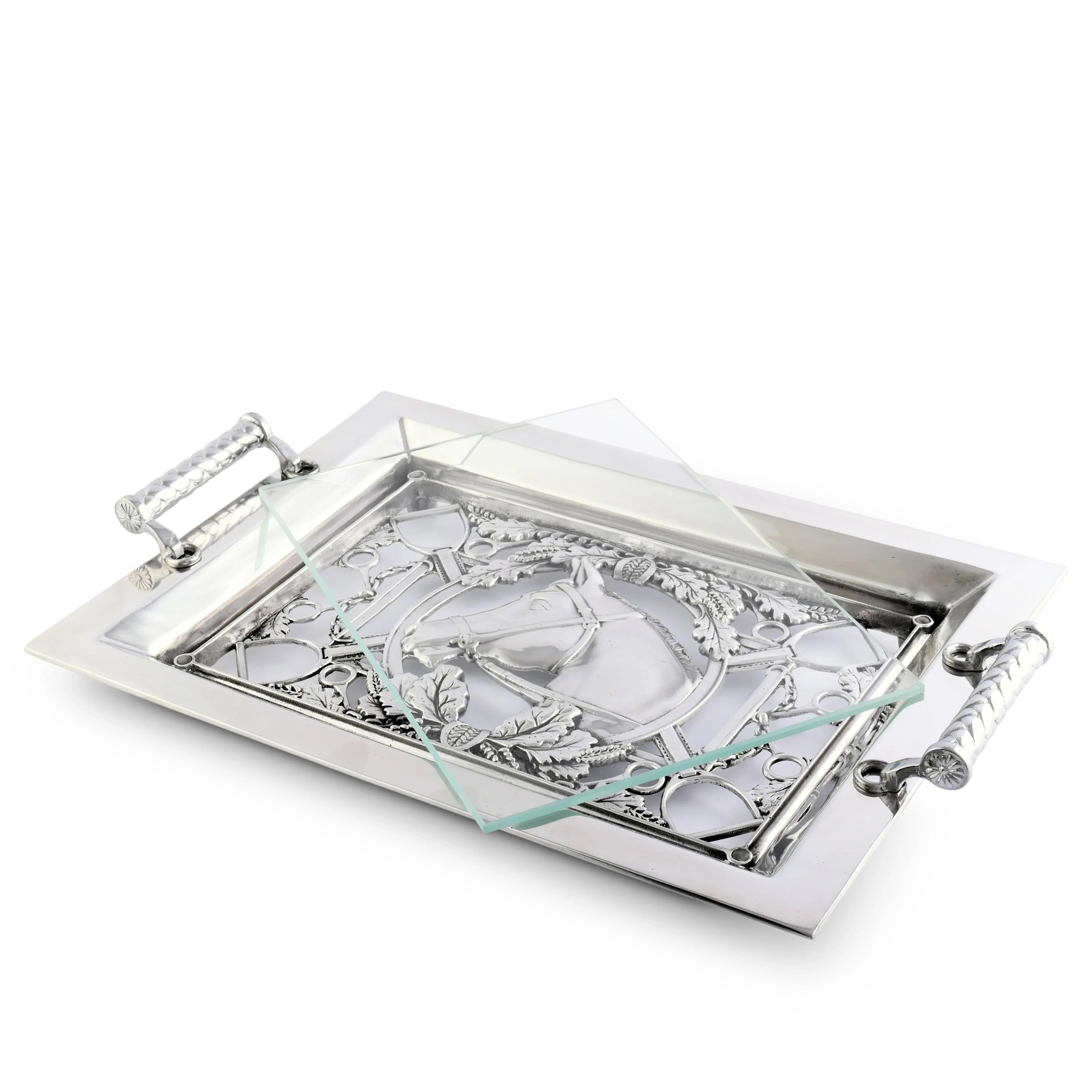 Equestrian Horse Glass Top Serving Tray – 20.25″ × 13.25″ Aluminum & Glass - Image 2