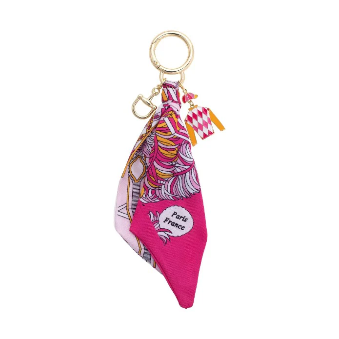 Fiona Jockey Scarf Bag Charm | Pink & Orange with Gold Horsebit