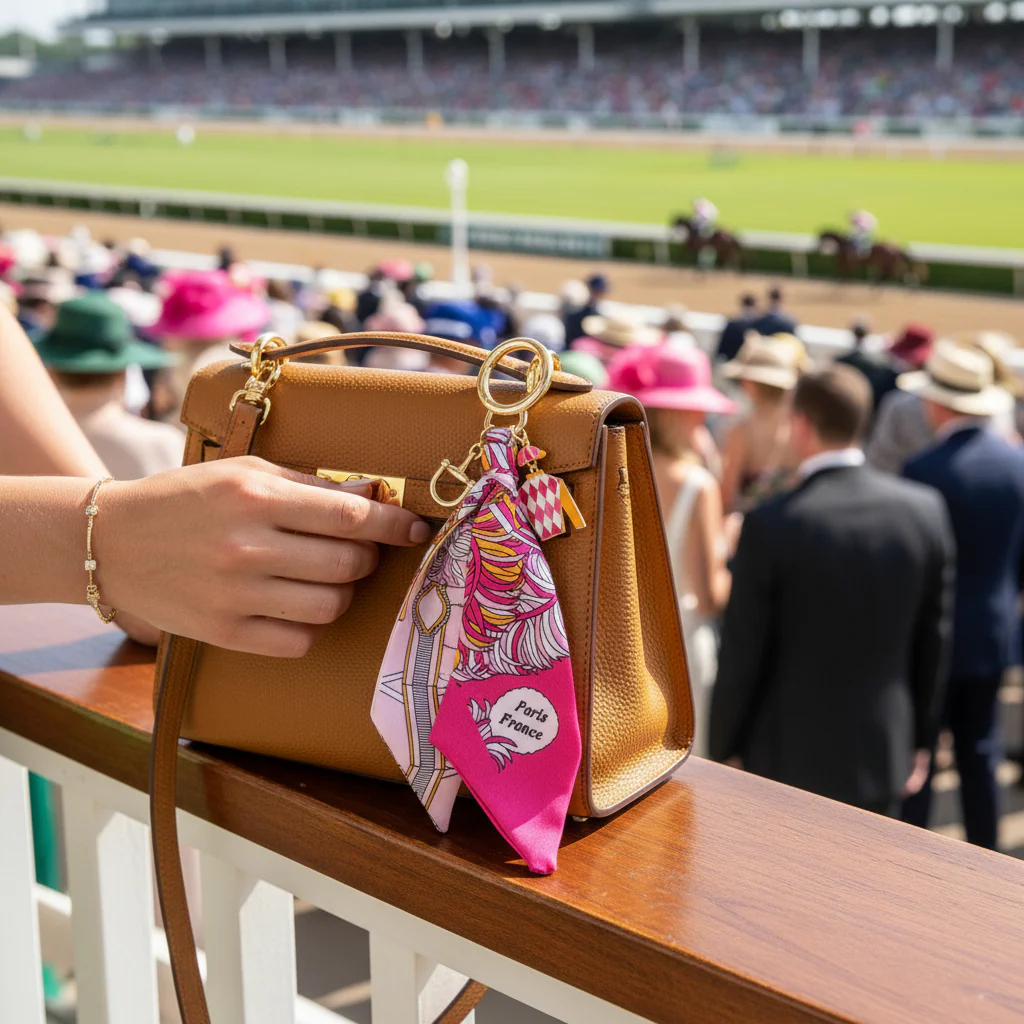 Fiona Jockey Scarf Bag Charm | Pink & Orange with Gold Horsebit - Image 2