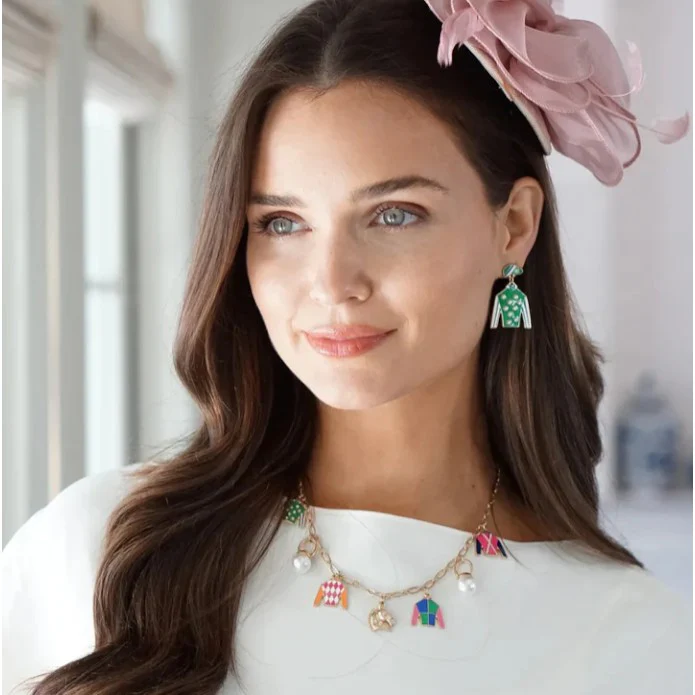 Freckles Jockey Silk Enamel Drop Earrings | Green & Blue - Image 2