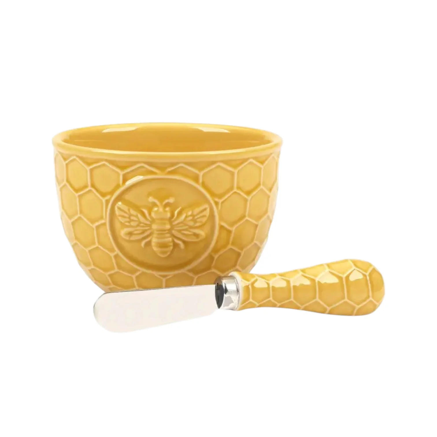 French Bees Embossed Honeycomb Ceramic Dip Bowl with Spreader