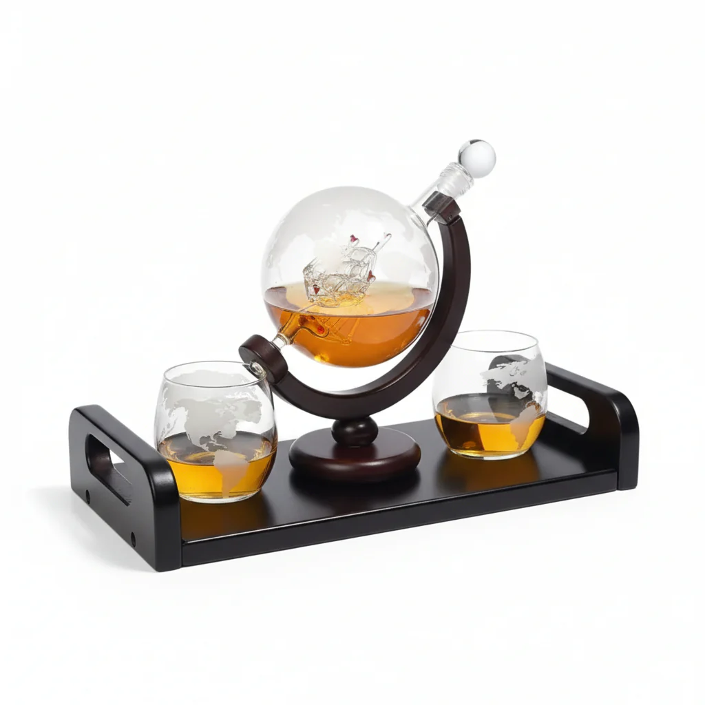 Globe Whiskey Decanter Set with Etched Glasses | Home Bar Gift Set