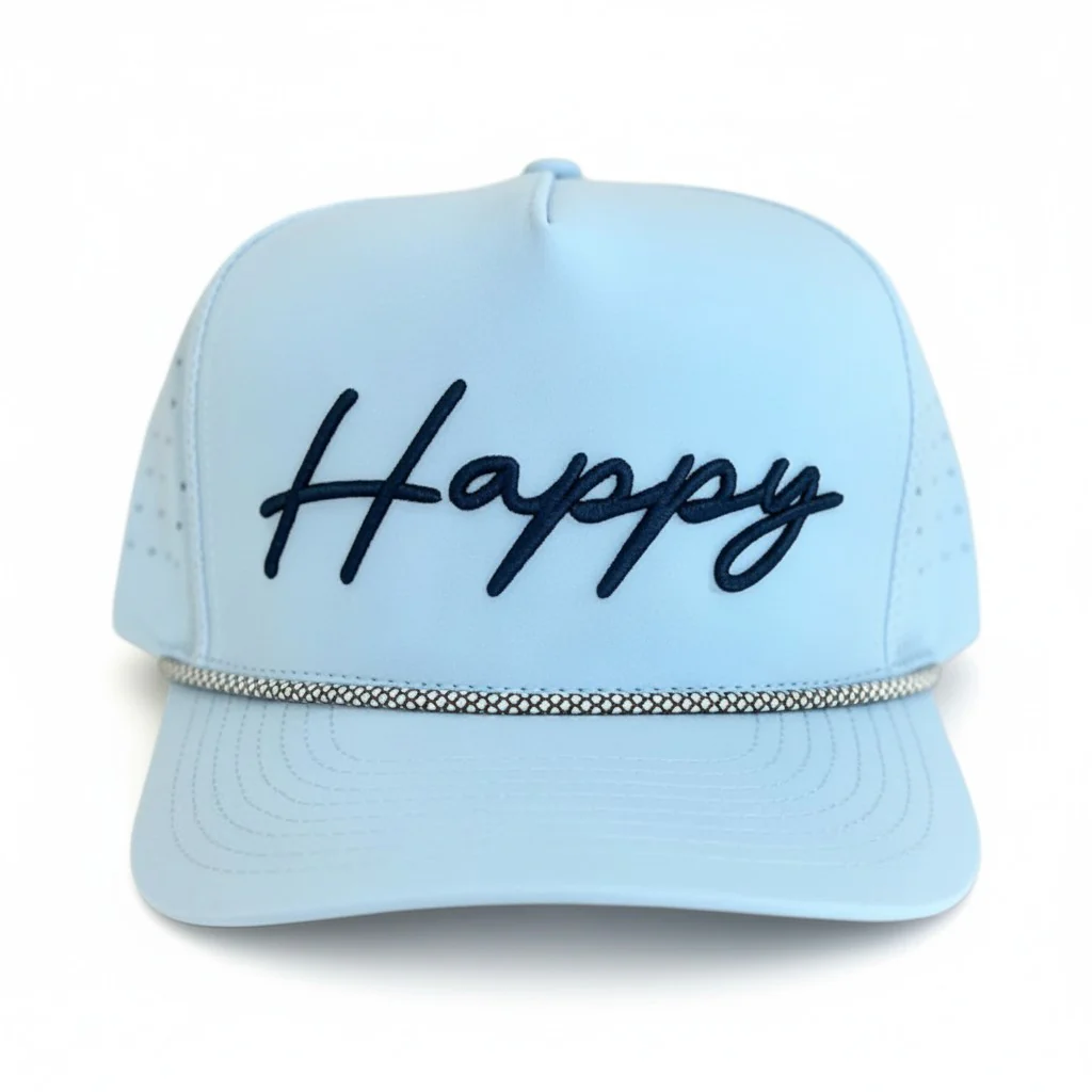 Happy Embroidered Rope Hat – Baby Blue