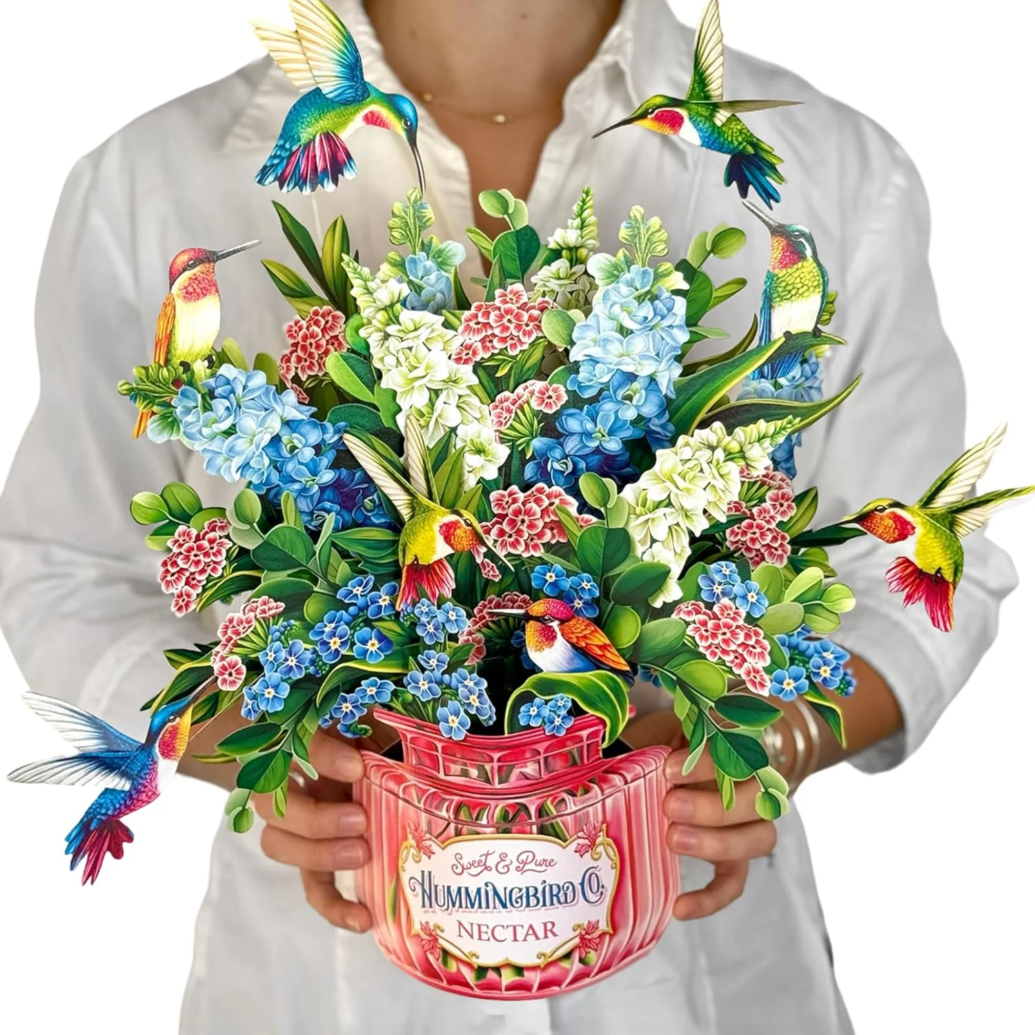 Hummingbird Oasis 3D Pop‑Up Bouquet Card – Paper Flowers & Fluttering Hummingbirds