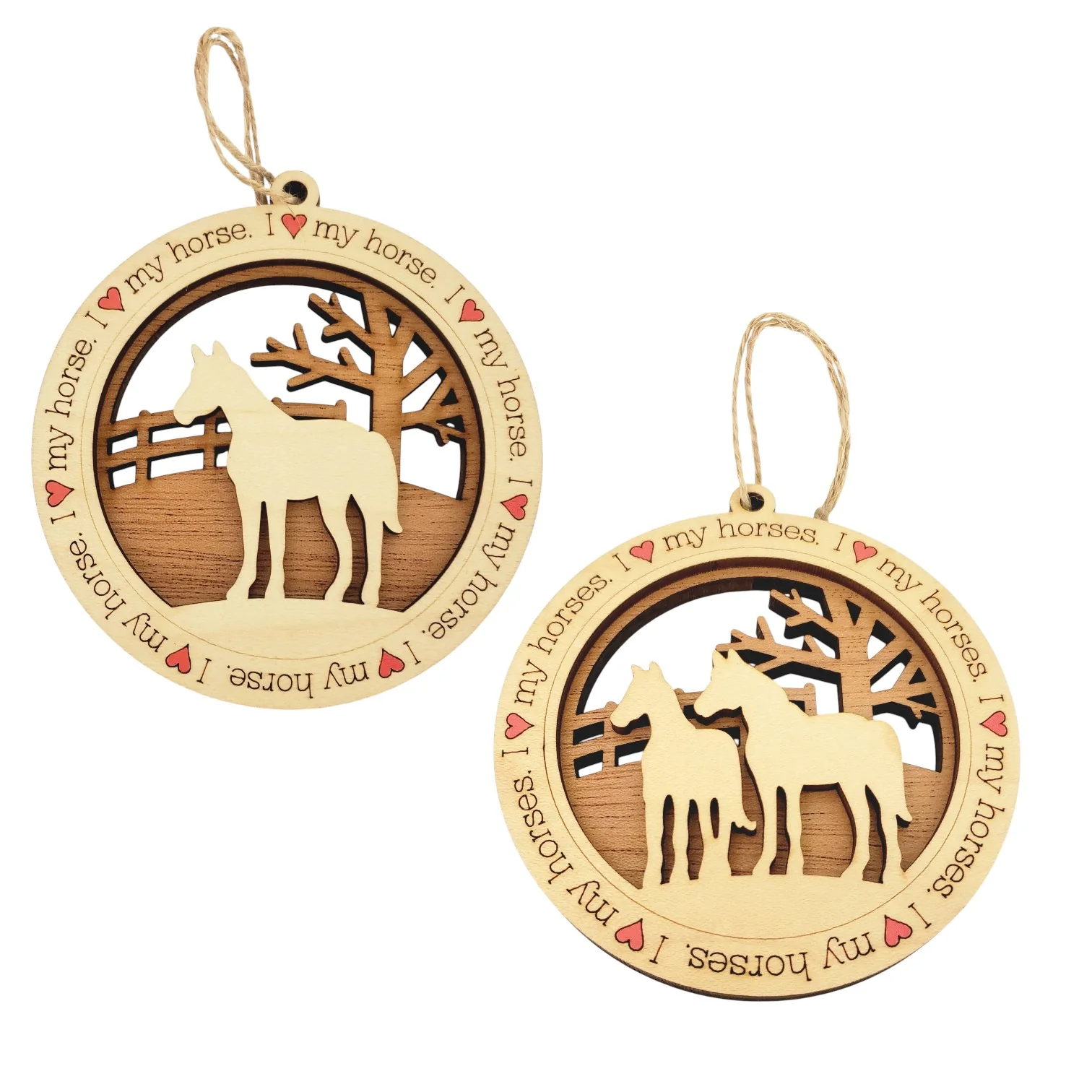 "I Heart My Horse" Laser-Etched Wooden Ornament – Handcrafted Equestrian Keepsake
