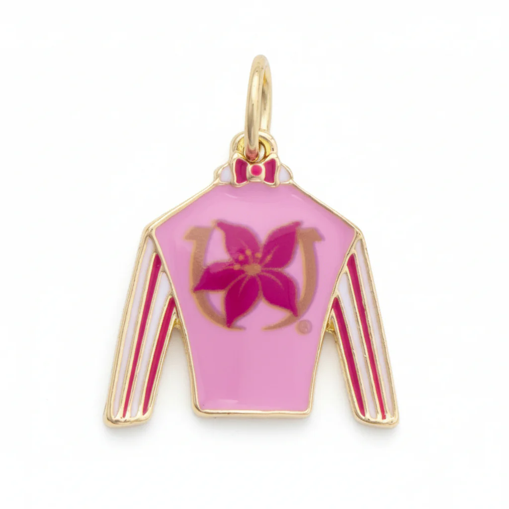 Kentucky Oaks Stargazer Enamel Jockey Silk Charm | Pink & Gold