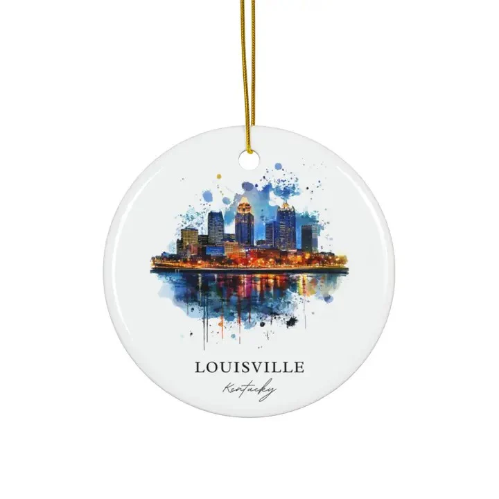 Louisville Skyline Watercolor Ceramic Ornament – Matte, 2.8"