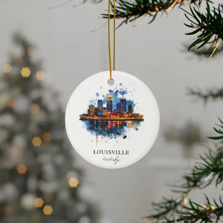 Louisville Skyline Watercolor Ceramic Ornament – Matte, 2.8" - Image 2