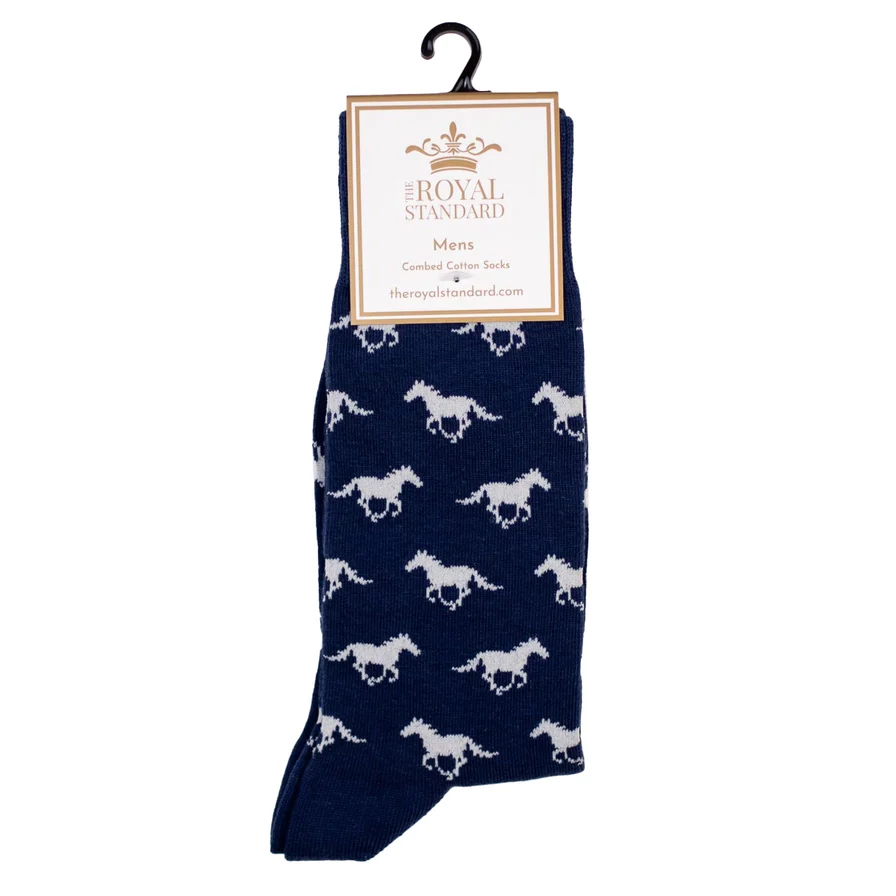 Men’s Mustang Socks – Navy Cotton Dress Socks with Galloping Horse Pattern