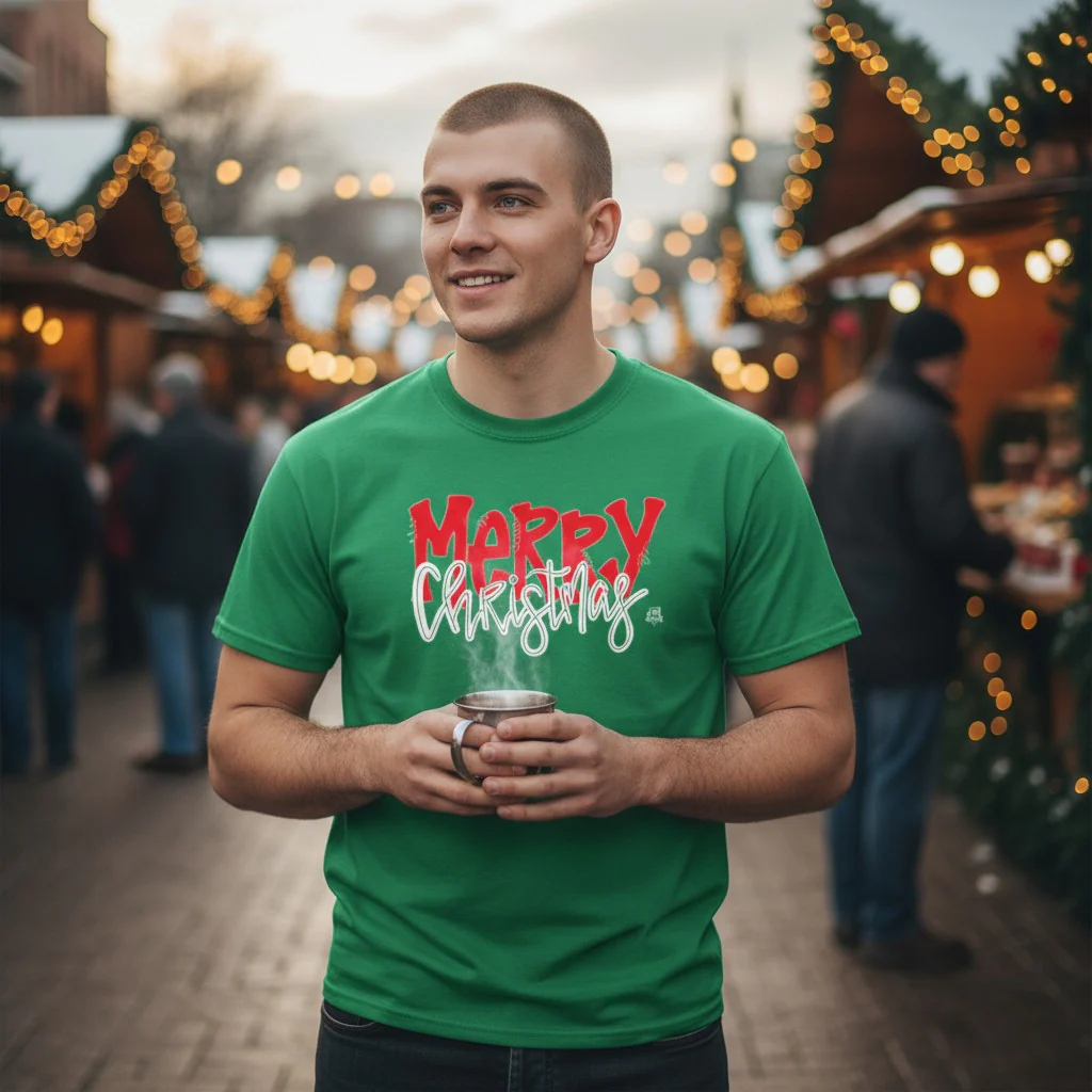 Merry Christmas Green Holiday T-Shirt - Image 2