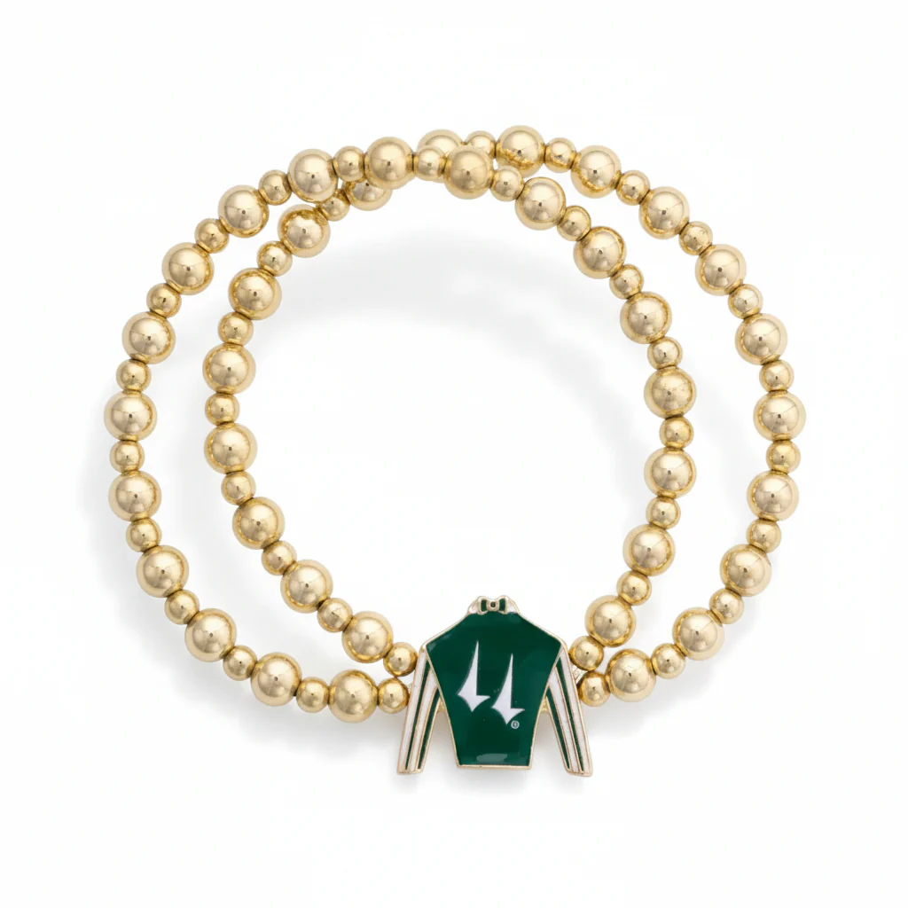 Official Churchill Downs Jockey Silk 2 Row Ball Bead Bracelet | Green & White