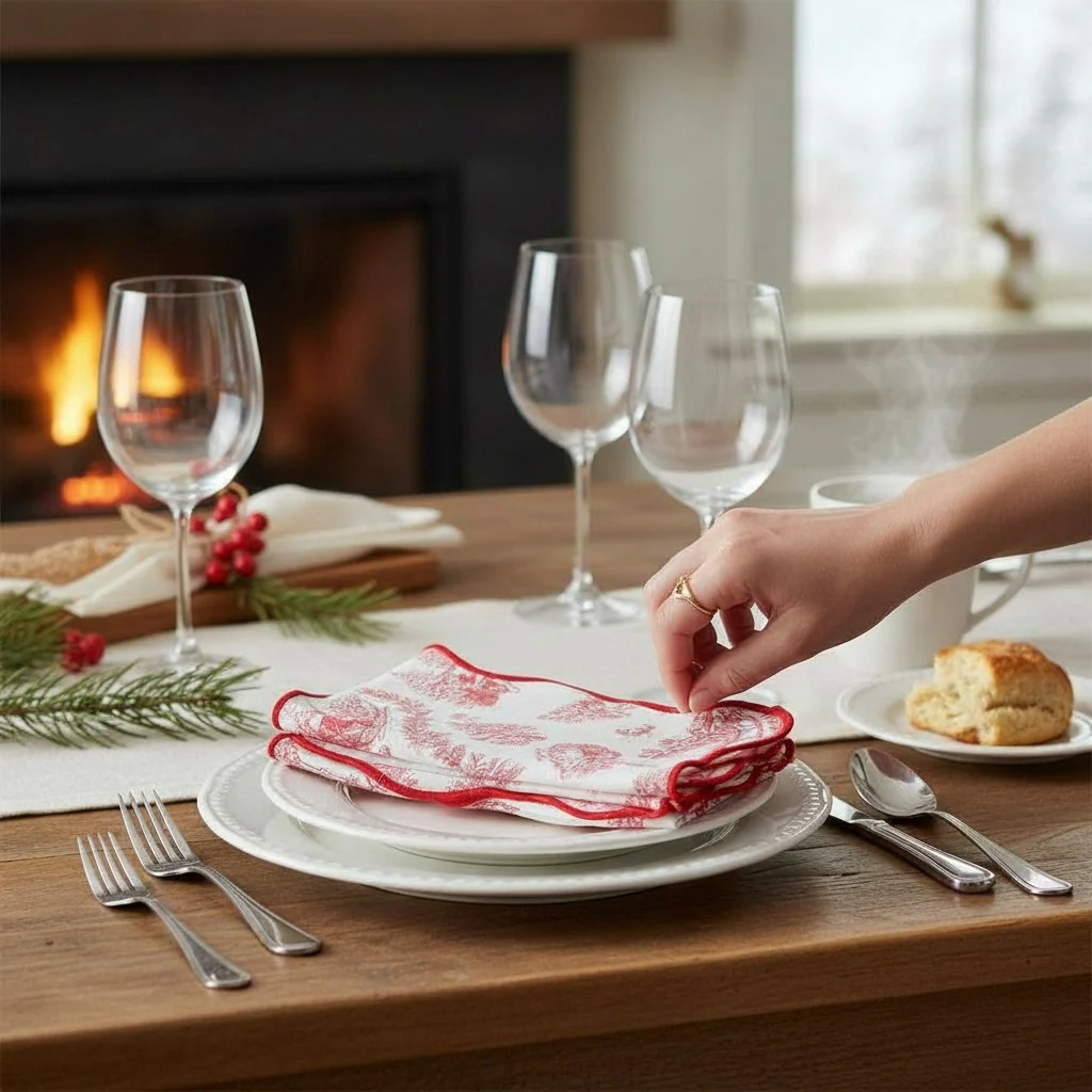 Toile Dinner Napkin Set – Red & White - Image 2