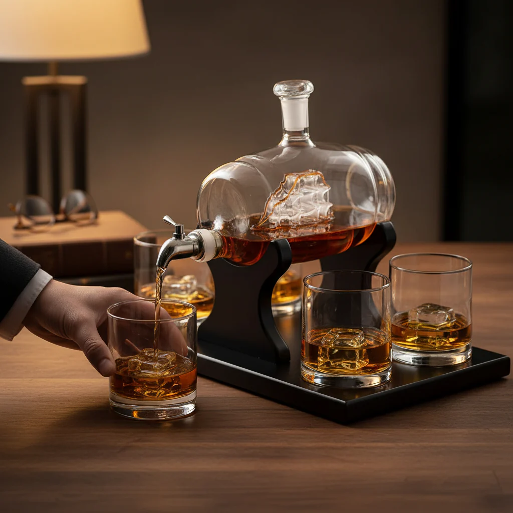 Whiskey Decanter Barrel Gift Set | Complete Home Bar Set with 4 Glasses - Image 2