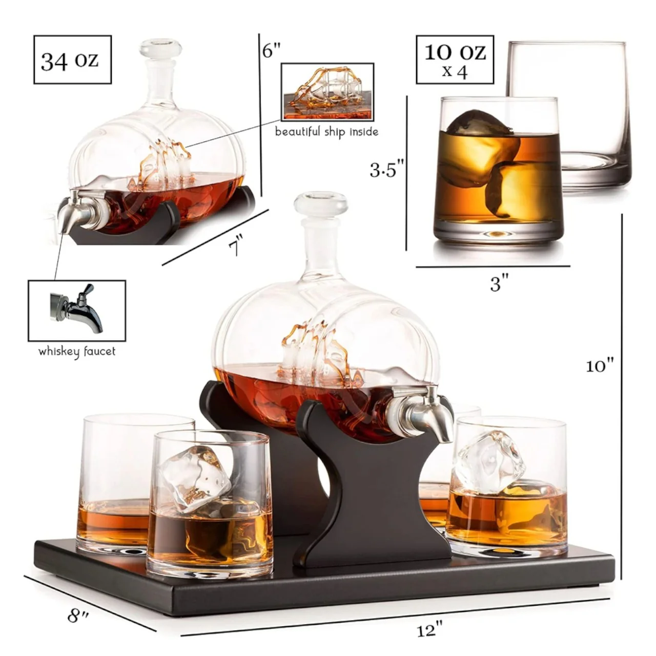 Whiskey Decanter Barrel Gift Set | Complete Home Bar Set with 4 Glasses - Image 4