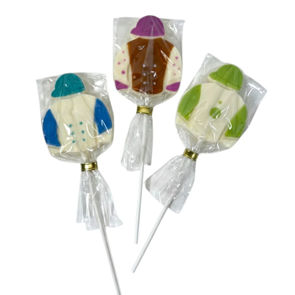 White Chocolate Derby Jockey Silks Suckers - Novelty Racing Candy